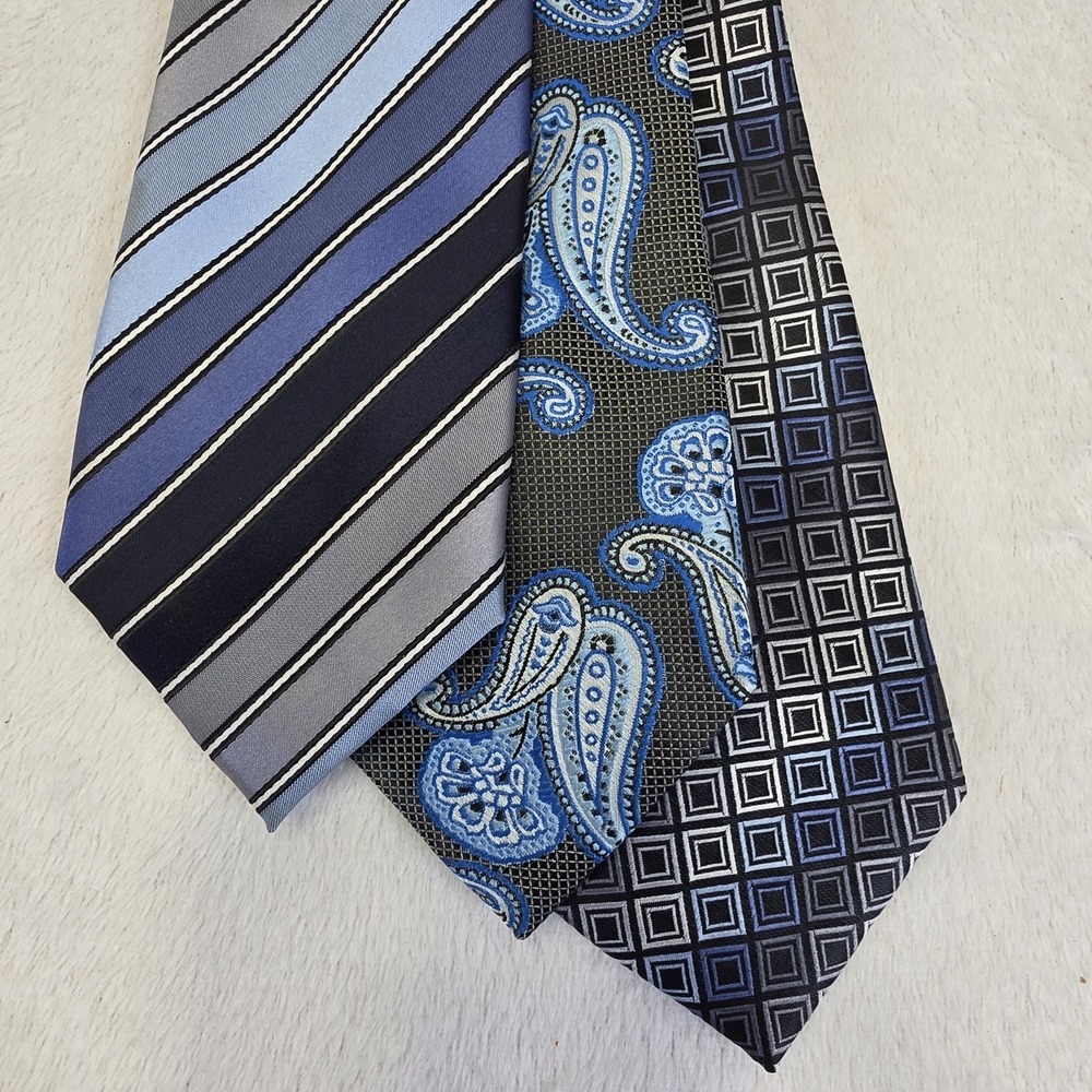 Lot Of 3 Ivy Crew Paisley Striped Geometric Print Mens Neck Tie Blue Black White